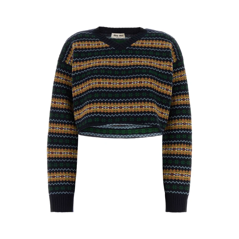 Miu Miu Embroidered Wool Sweater Bleu Exterior: Virgin Maglieria - Women