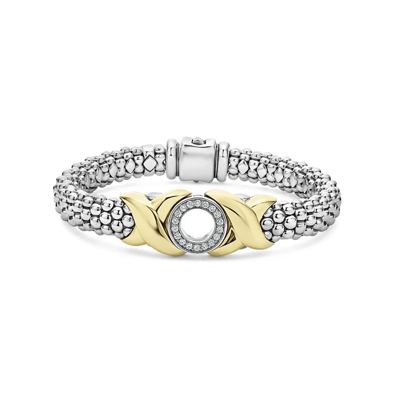 Lagos 18K Yellow Gold & Sterling Silver Embrace Diamond Xo Caviar Bead Link Bracelet
