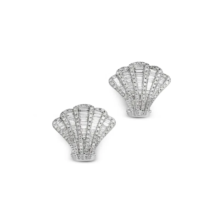 Baguette & Round Diamond Fan Stud Earrings in 14K White Gold, 2.0 tcw