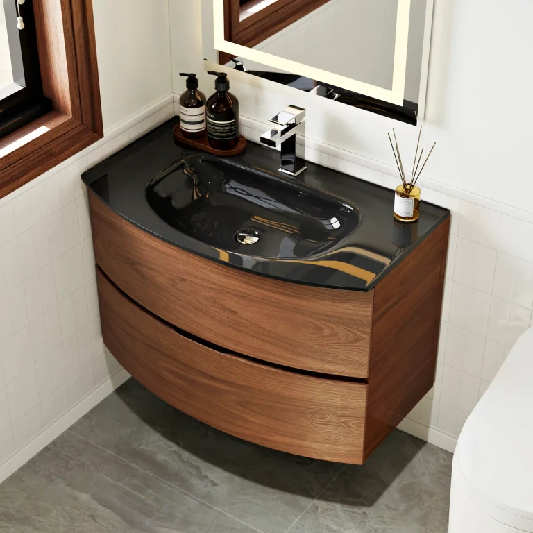 Modern 31.5" Floating Bathroom Vanity with One-piece Glass Basin 2 Drawers in Black