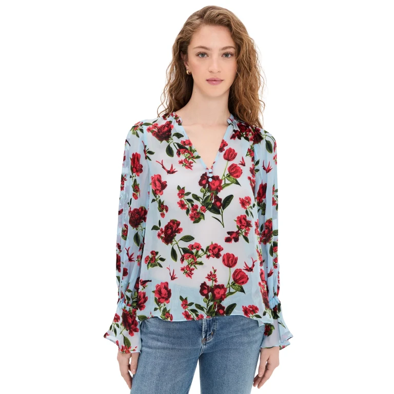 ALICE + OLIVIA Moranne Blouson Ruffle Sleeve Top American Beauty Carolina Blue M
