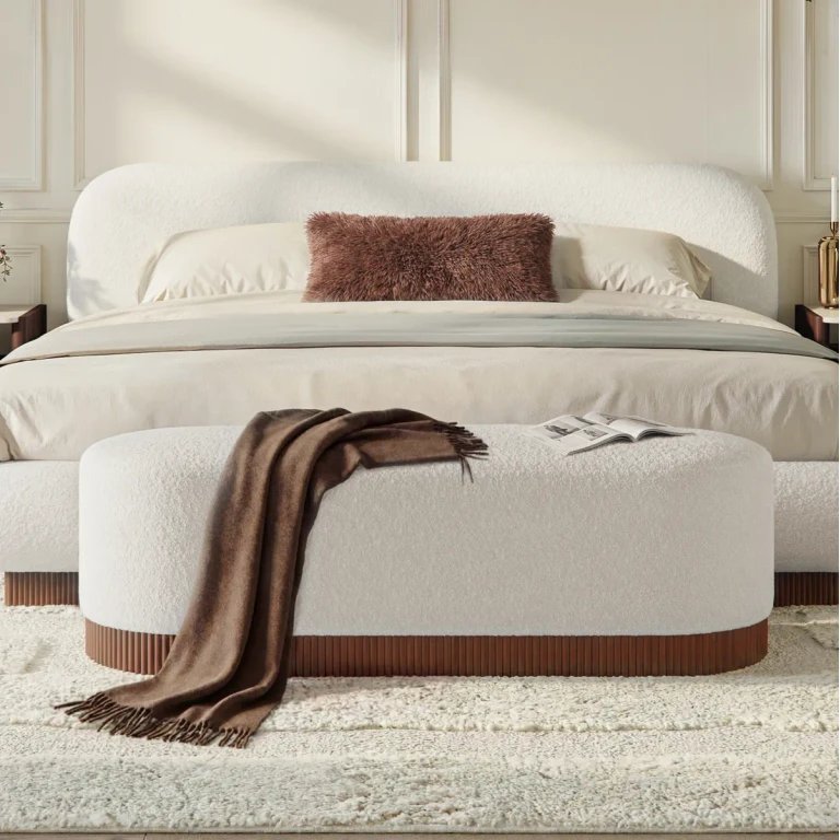 59"W Boucle Upholstered Bedroom Bench with Fluted Base