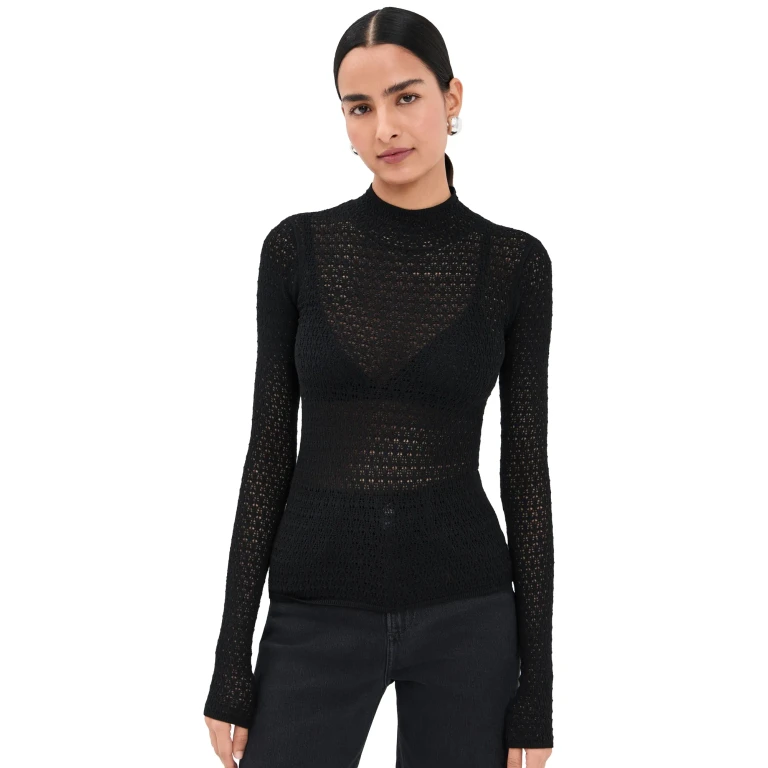 Sablyn Marlo Lace-Like Fitted Mock Neck Tee Black L