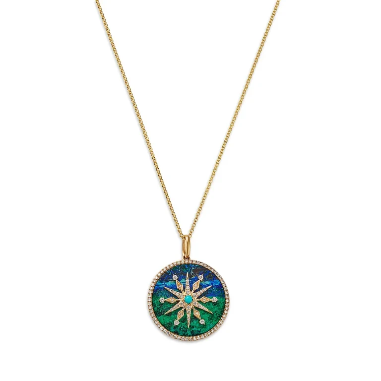 Azurite, Turquoise & Diamond Medallion Pendant Necklace in 14K Yellow Gold, 16-18