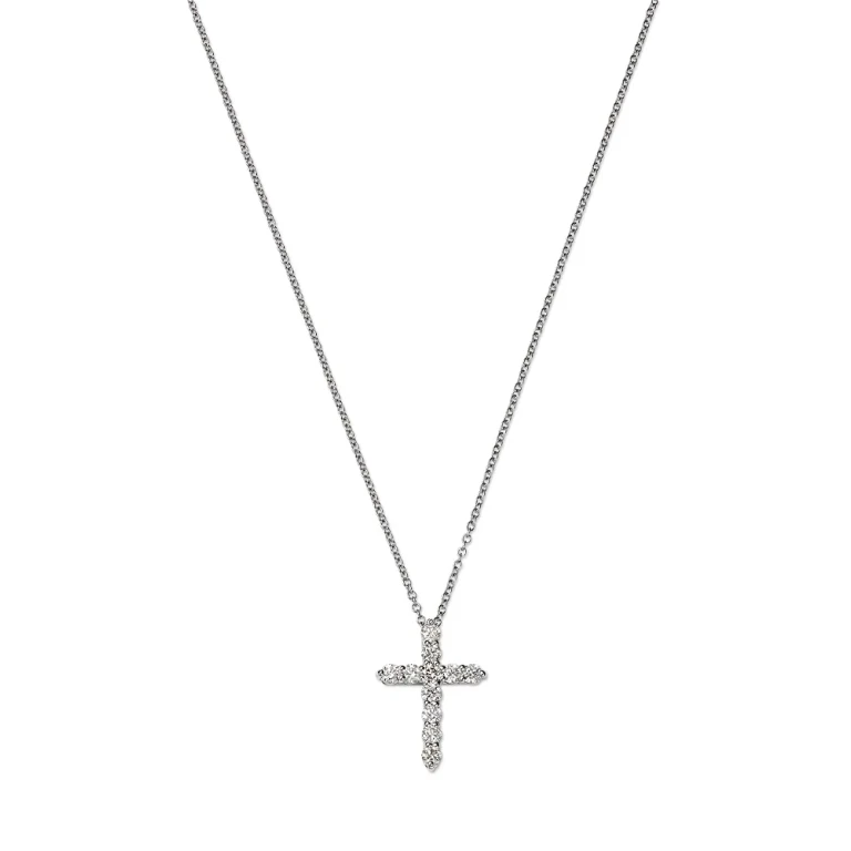 Diamond Small Cross Pendant Necklace in 14K White Gold, 0.50 tcw