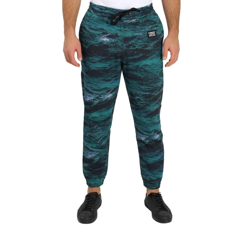 Burberry Mens Deep Teal Tape Detail Sea Print Cotton Trackpants