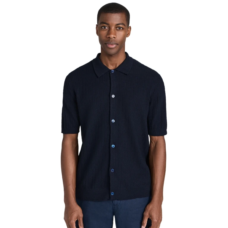 NN07 Nolan Knit Button Down Shirt Navy Blue XL