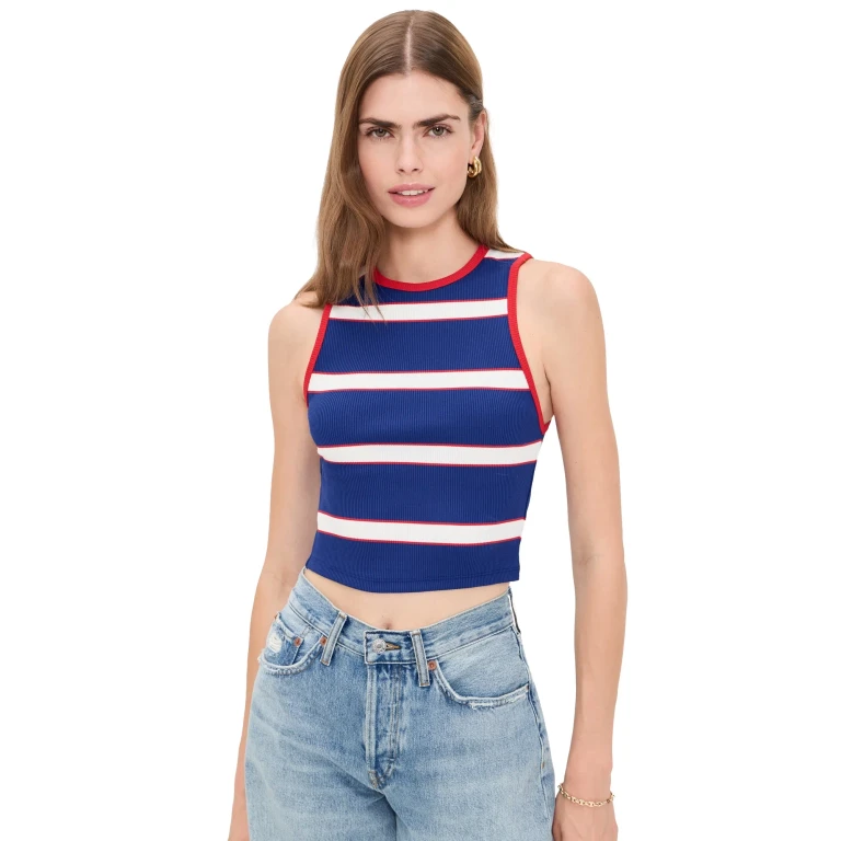 ALICE + OLIVIA Andre Fitted Cropped Tank Glamour Stripe Carolina Blue XL