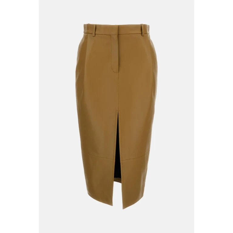 Mid-Rise Leather Midi Pencil Skirt with Front Slit (41851012980)