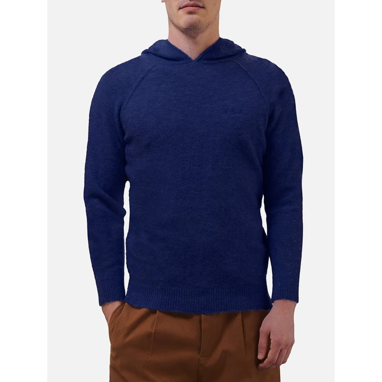 Mc2 Saint Barth Piccadilly Stretch Alpaca Hooded Sweater Navy Blue Solid Color - Men