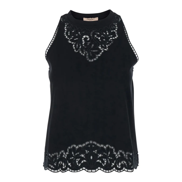 TwinSet Top With Lace Details On The Neck And Hem In Black Cotton For Women