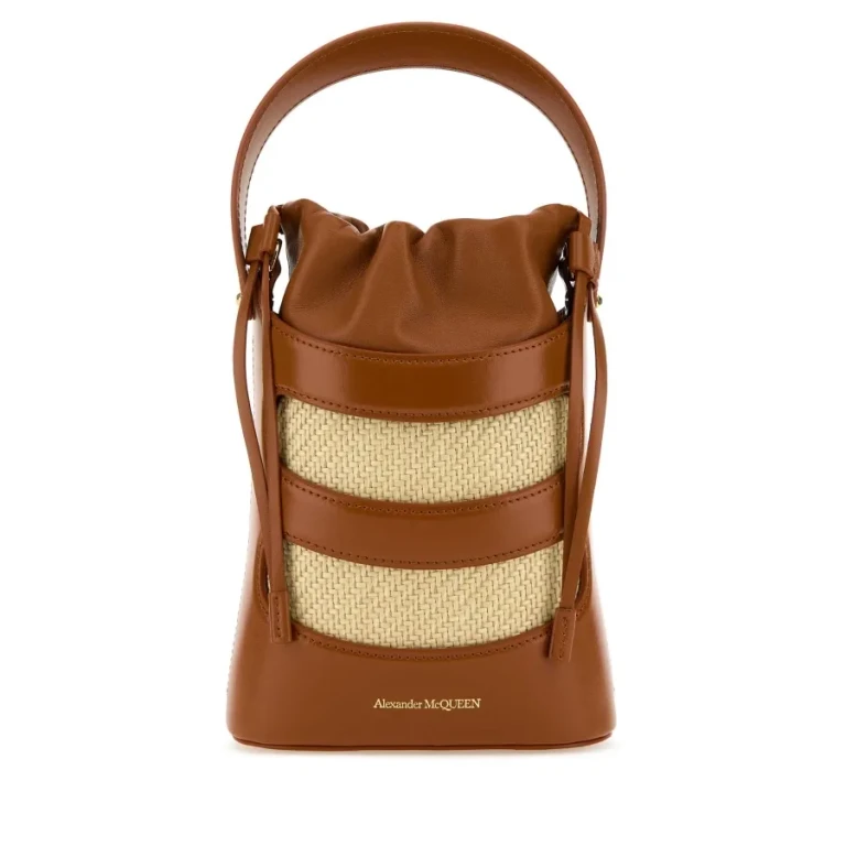 Alexander Mcqueen Two-Tone Leather And Raffia Mini The Rise Bucket Bag
