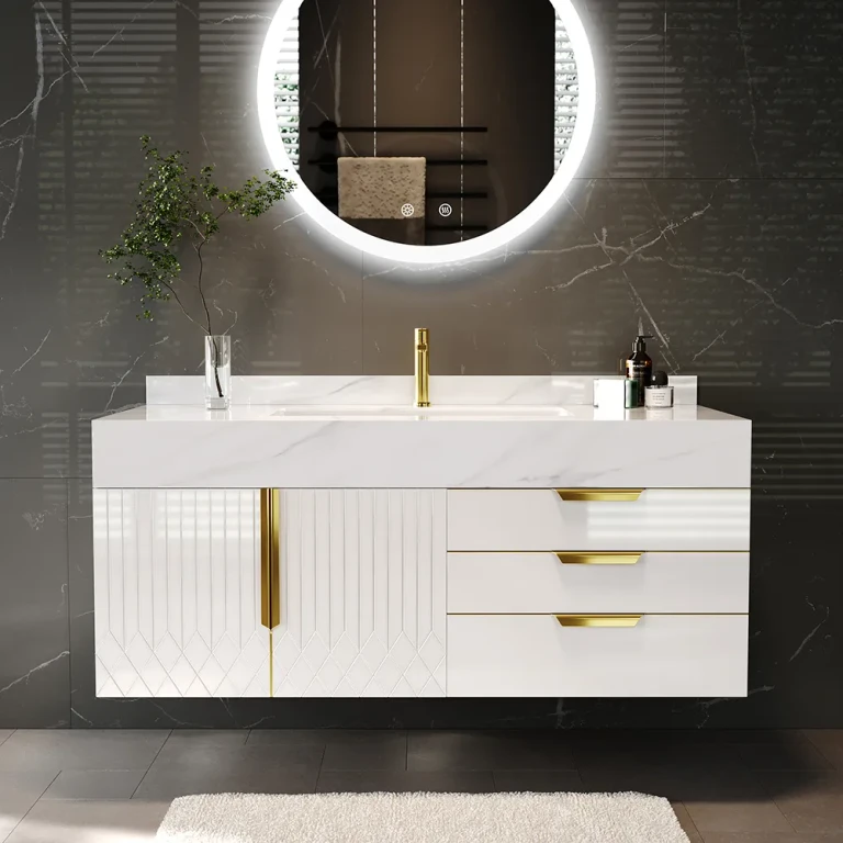 59" Wall Mounted Bathroom Vanity Faux Marble Top with Double Sink White