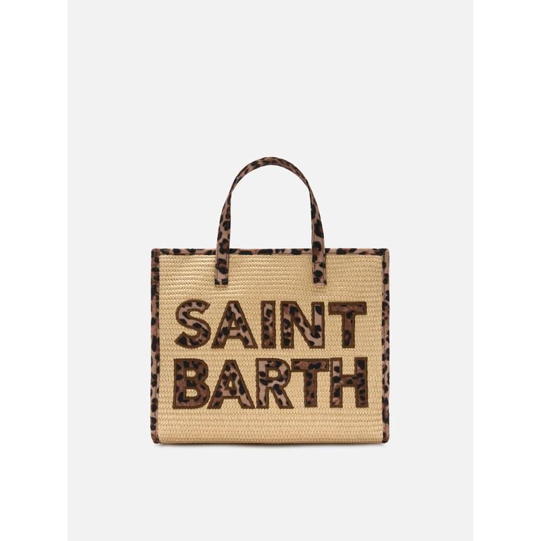 Mc2 Saint Barth Vivian Medium Straw Effect Bag With Leopard Logo Patches Brown - Unisex