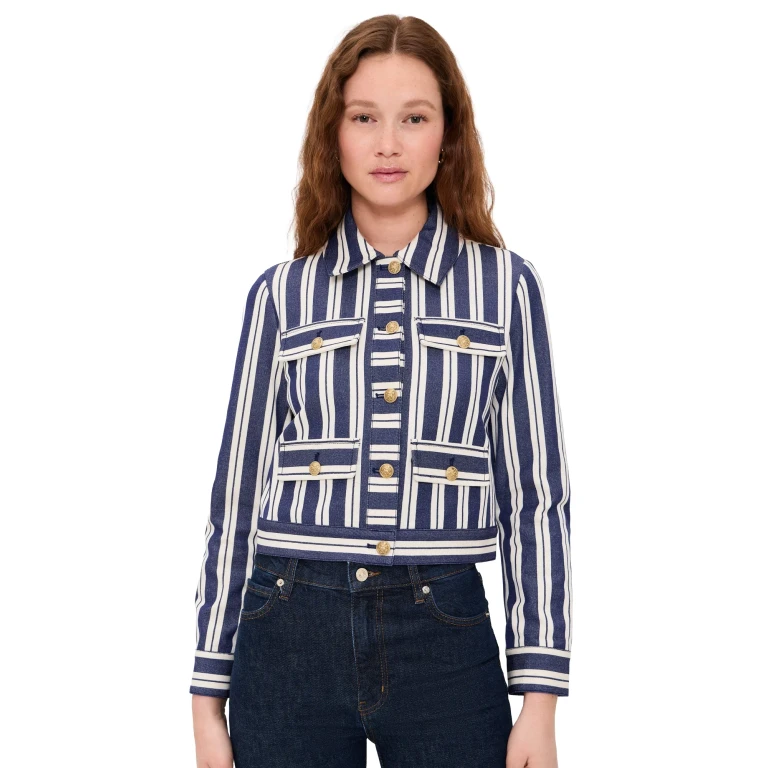 ALICE + OLIVIA Alex Collared Boxy Jacket Metro Stripe Twilight Blue S