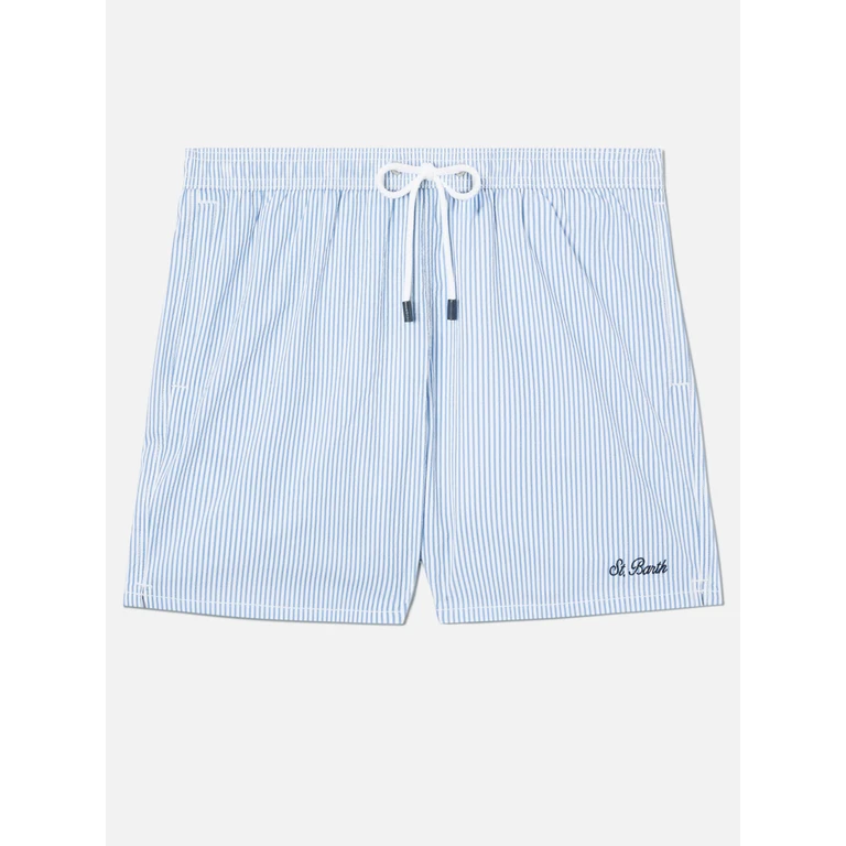 Mc2 Saint Barth Patmos Seersucker Striped Swim Shorts Blue And White Sky Swimshort - Men