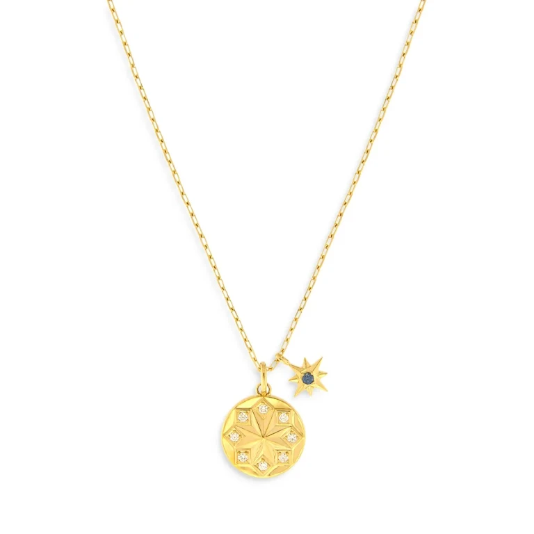 Sapphire & Diamond Starburst Charm Pendant Necklace in 14K Yellow Gold, 17