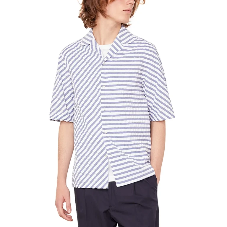Officine Generale Eren Short Sleeve Cotton Striped Patchwork Shirt