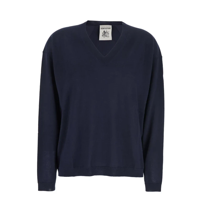 SEMICOUTURE Blue Sweater With V Neck And Ribbed Trims In Wool Woman