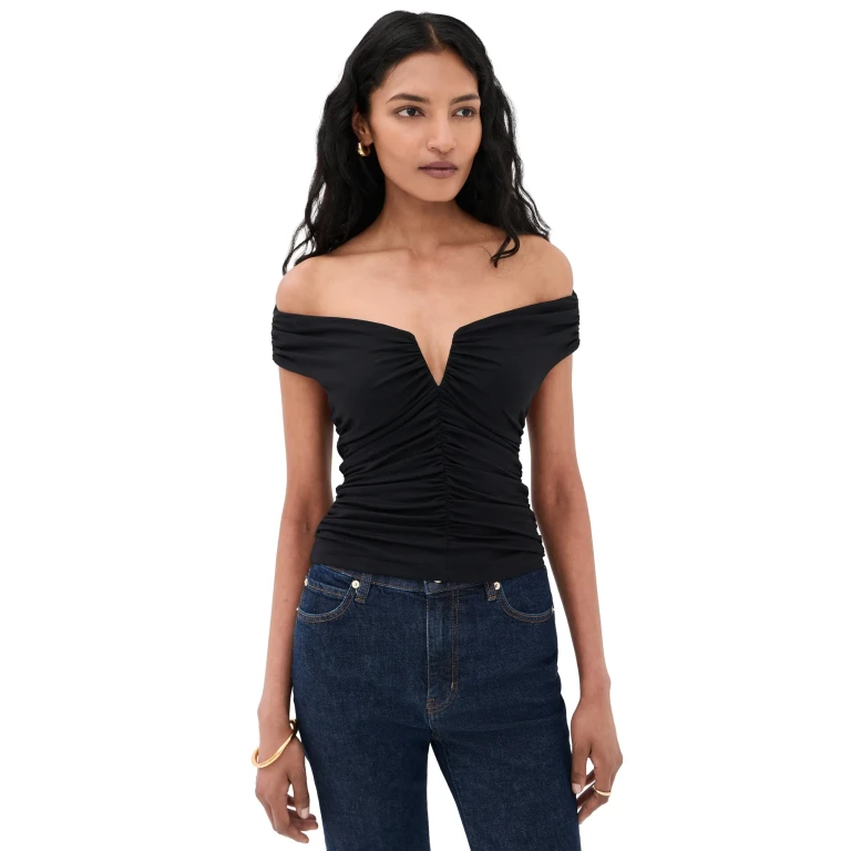Susana Monaco Off Shoulder Long Sleeve V-Wire Top Black S