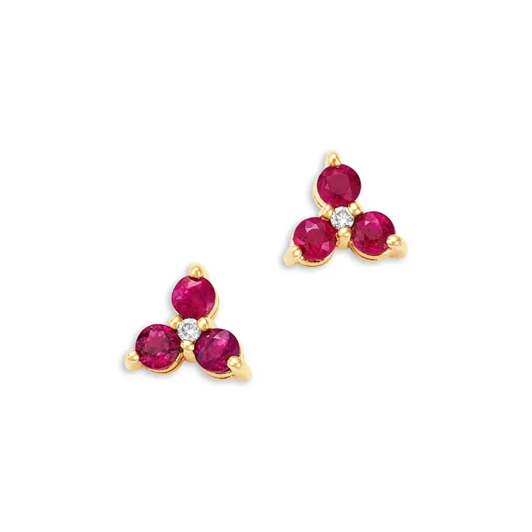 Ruby & Diamond Trio Stud Earrings in 14K Yellow Gold