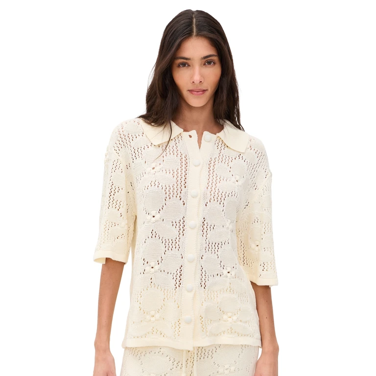 Dress To Floral Crochet Short Sleeve Shirt Beige Shell XS