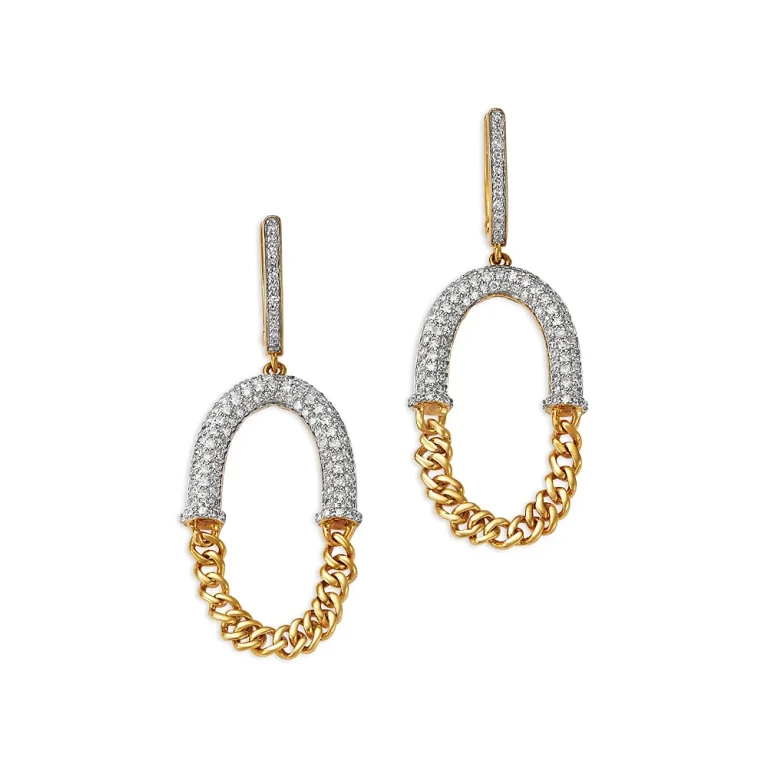 Diamond Pave Oval Chain Drop Earring in 14K Yellow Gold, 1.38 tcw