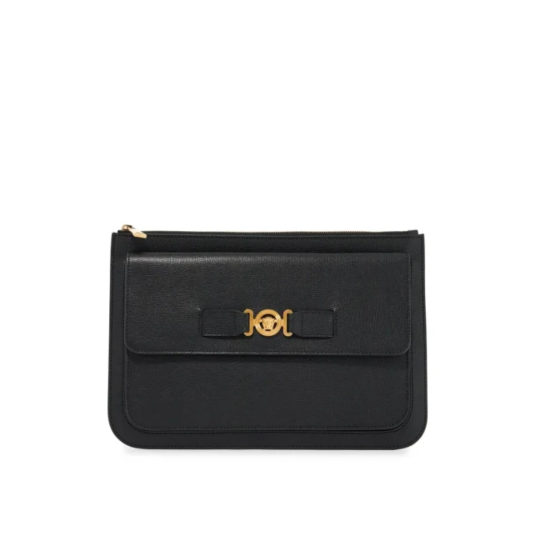 Black Leather Large Medusa Biggie Clutch