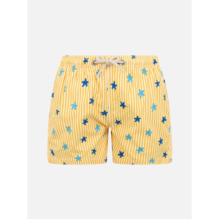 Mc2 Saint Barth Boy Comfort Light Jr Swim Shorts With Starfishes Print Yellow Swimshort