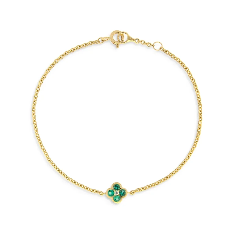 Emerald & Diamond Bezel Clover Chain Link Bracelet in 14K Yellow Gold