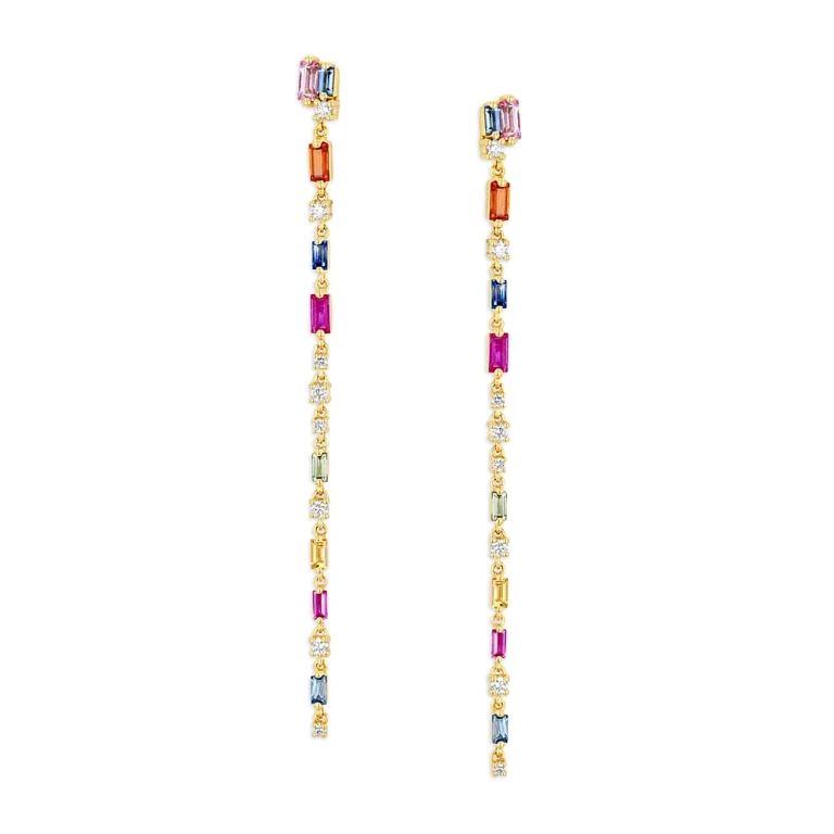 Suzanne Kalan 18K Yellow Gold Fireworks Rainbow Sapphire & Diamond Linear Drop Earrings