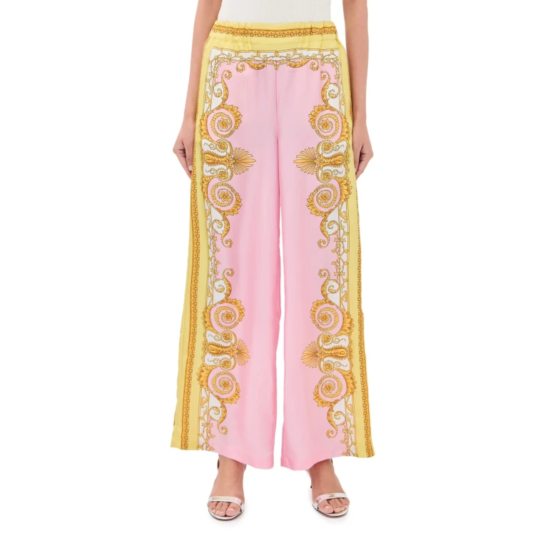 Versace Wide Leg Silk Pants Pale Yellow+Rose Quartz 36