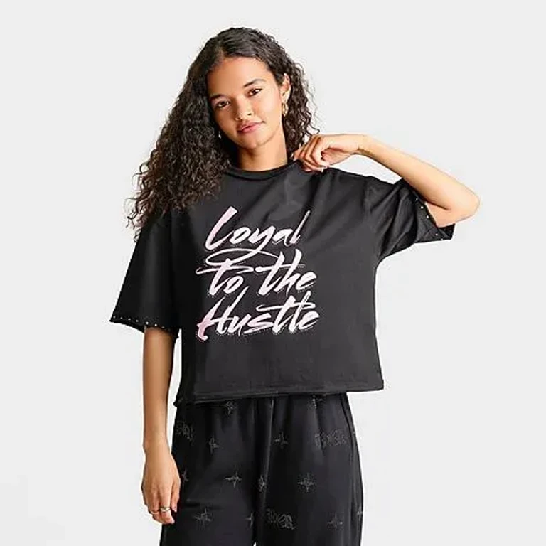 Hoodrich Women's Bling Studded Oversized Boxy T-Shirt in Washed Black Size: XS
