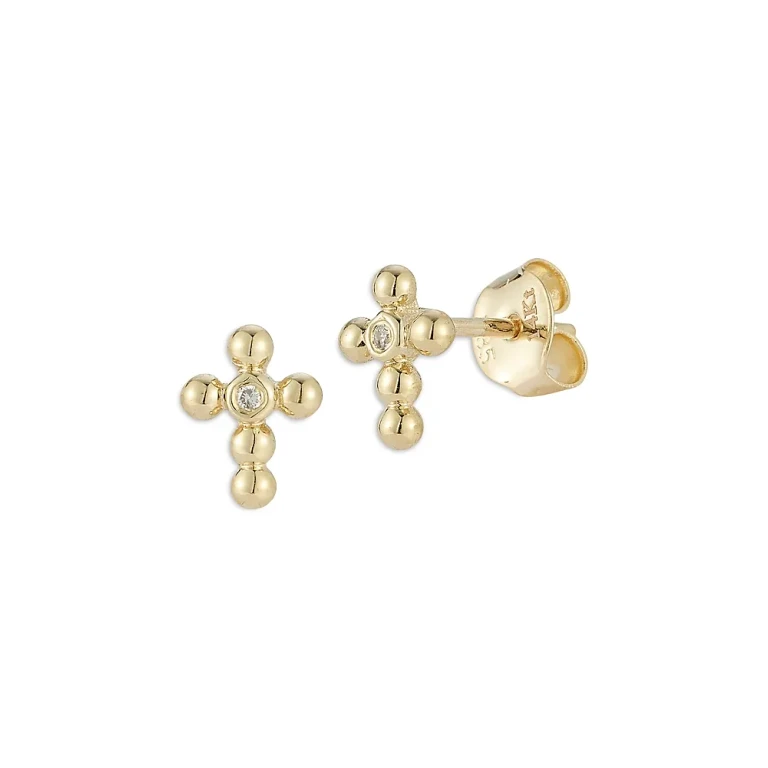 14K Yellow Gold Beaded Cross Studs with Diamonds, 0.02 tcw