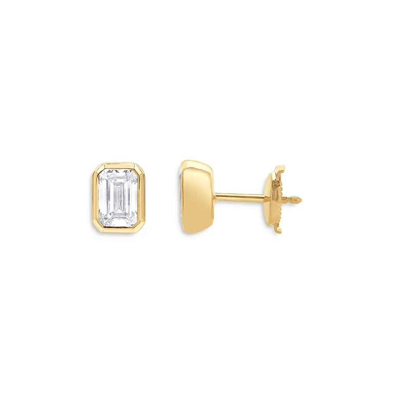 Certified Lab Grown Diamond Emerald-Cut Bezel Stud Earrings in 18K Yellow Gold, 2.0 tcw