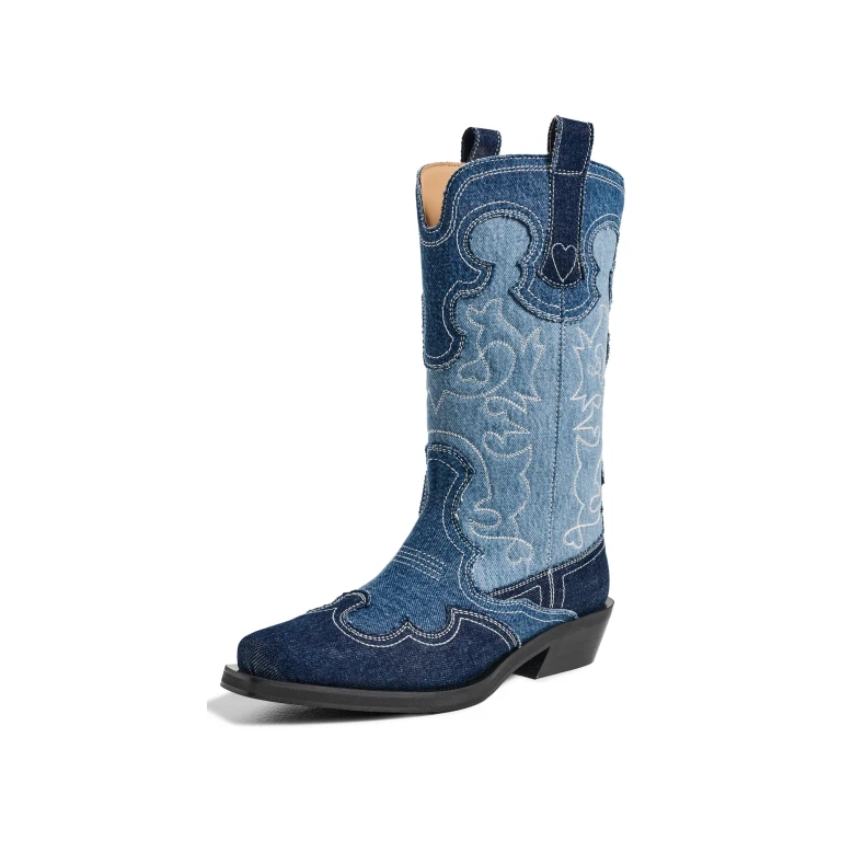GANNI Mid Shaft Embroidered Denim Western Boots Mid Blue Vintage