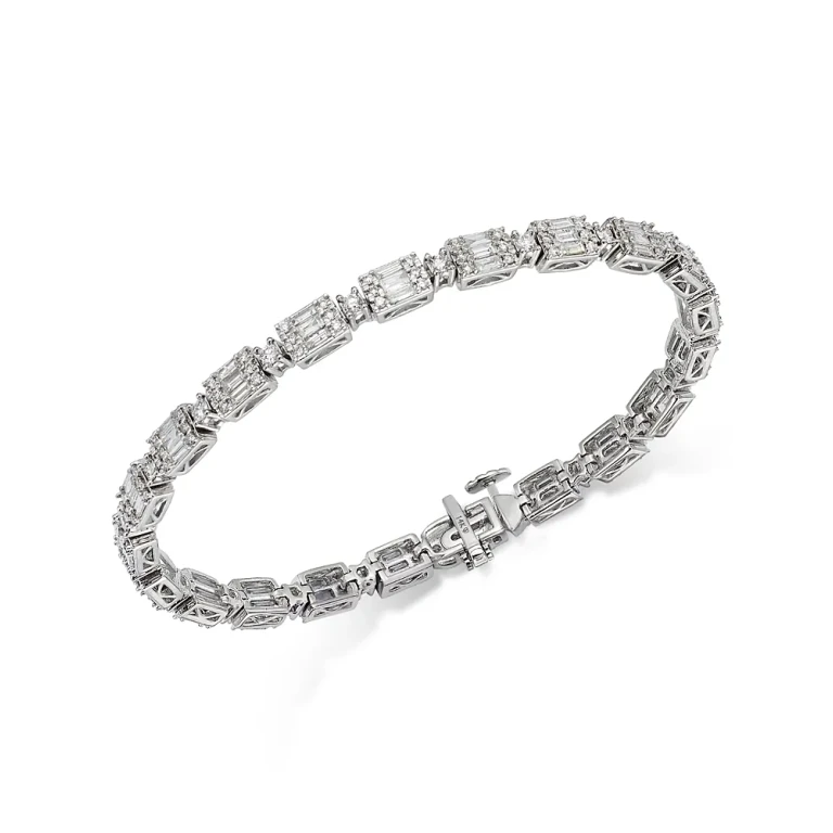 Diamond Round & Baguette Tennis Bracelet in 14K White Gold, 3.0 tcw