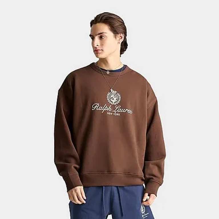 Polo Ralph Lauren Men's Script Crest Logo Fleece Crewneck Sweatshirt in Branch Brown Size: Small