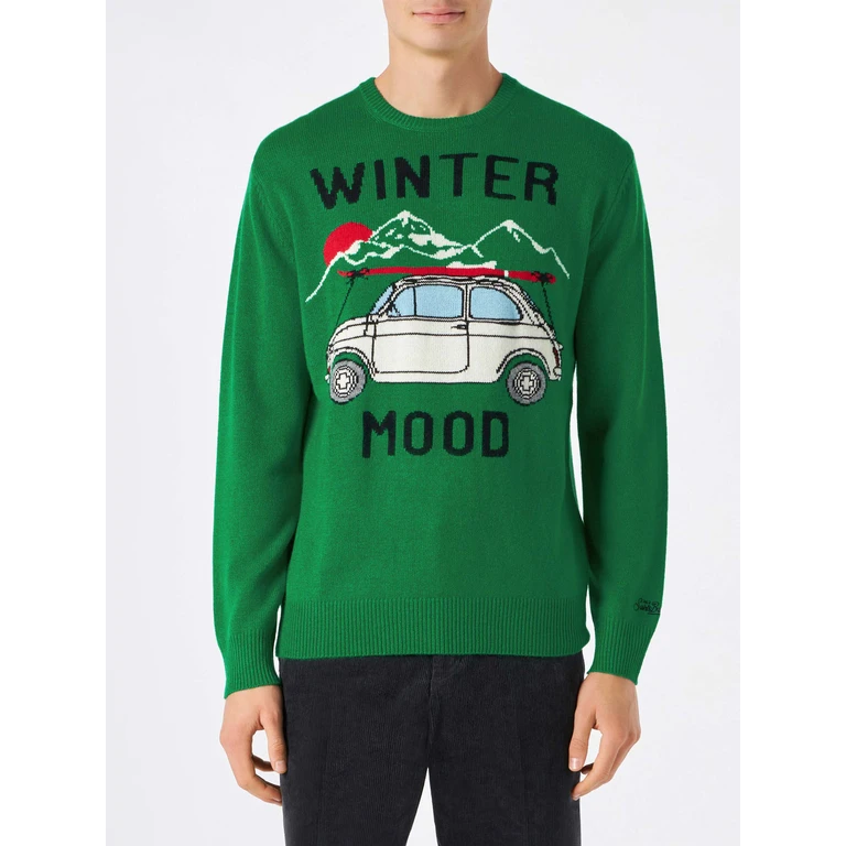 MC2 Saint Barth Crewneck Sweater Heron With Fiat 500 Jacquard Fiat 500 Special Edition