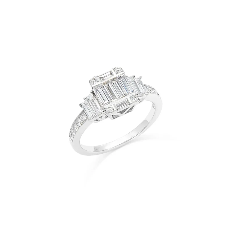 Diamond Baguette Cluster Ring in 14K White Gold, 0.95 tcw