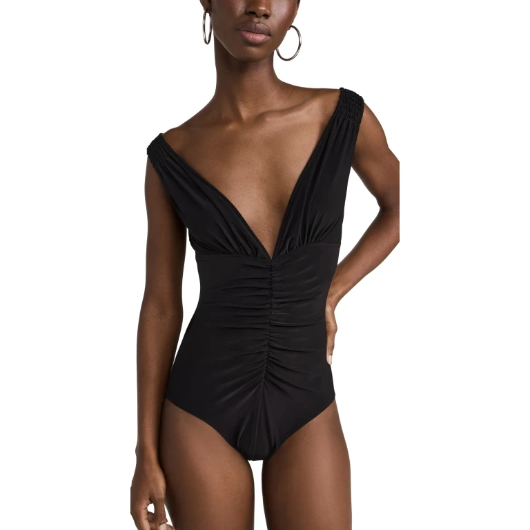 Norma Kamali Tara Shirred Front Mio One Piece Black XS