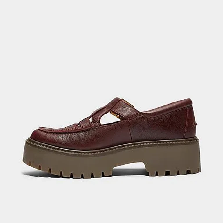 Timberland Women's Stone Street Platform Buckle Casual Shoes in Burgundy Full-Grain Size: 5.5