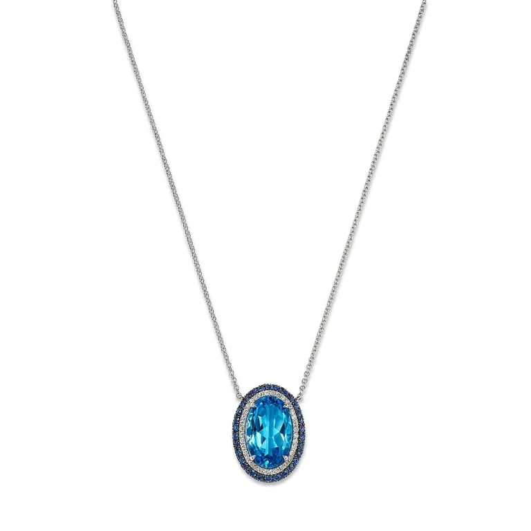 Fine Collection Swiss Blue Topaz, Blue Sapphire & Diamond Halo Pendant Necklace in 14K White Gold, 18