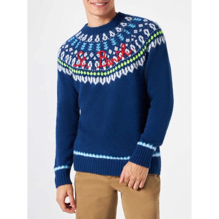 MC2 Saint Barth Crewneck Sweater Heron In Blended Alpaca With Fair-isle Jacquard