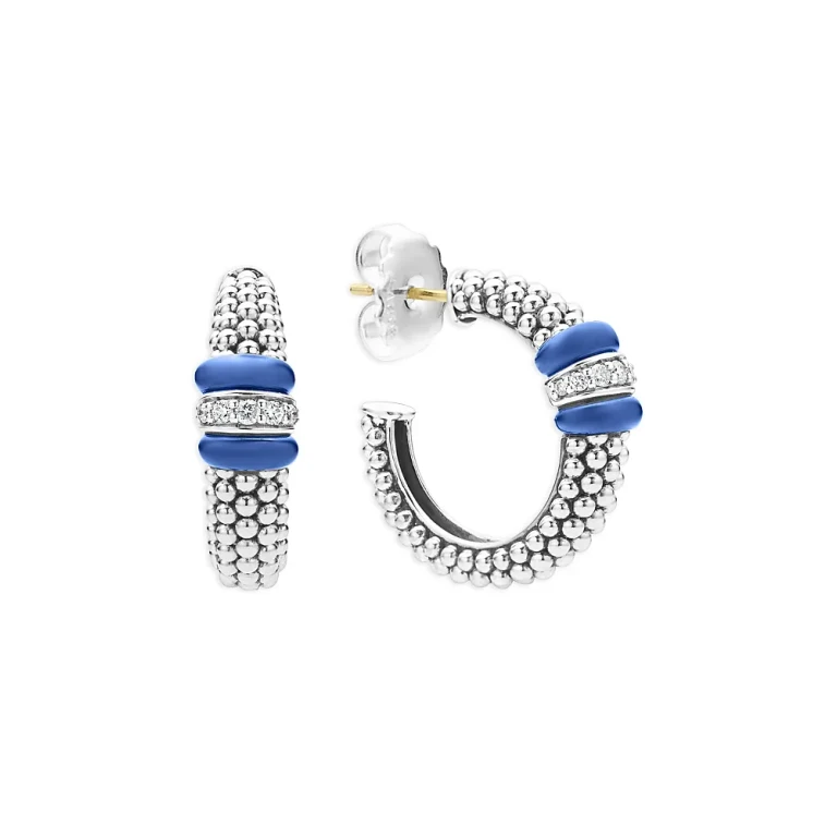 Lagos 14K Yellow Gold & Sterling Silver Ultramarine Ceramic & Diamond Caviar Bead Hoop Earrings