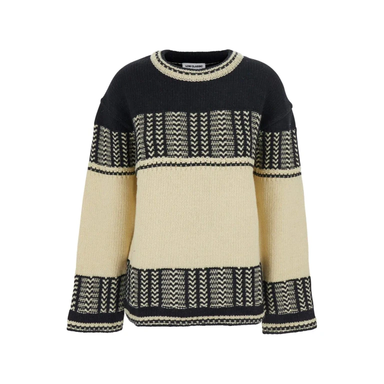 Low Classic Black And White Crew Neck Sweaterwith All-over Intarsia In Wool Woman
