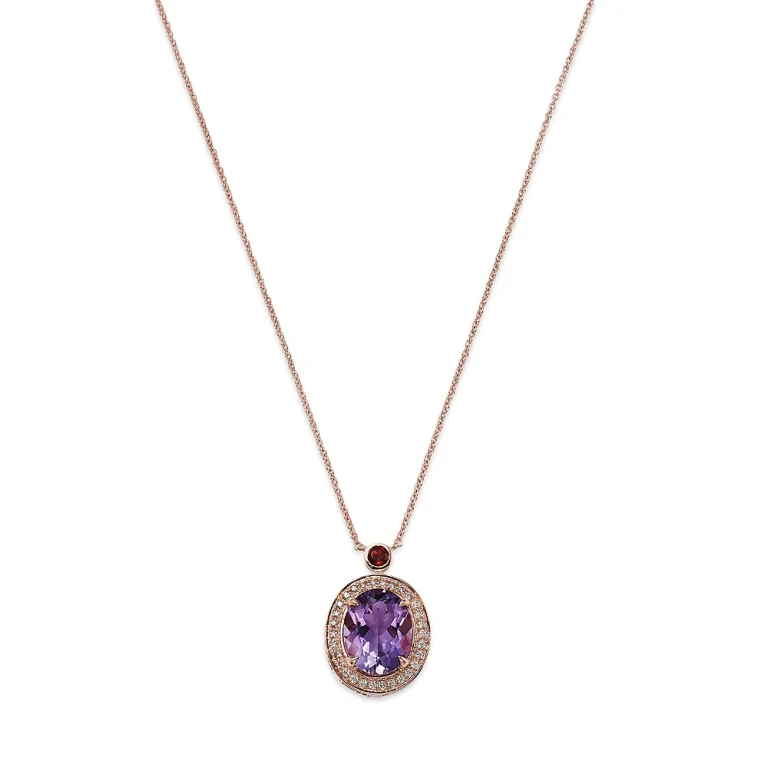 Amethyst, Garnet & Diamond Halo Pendant Necklace in 14K Rose Gold, 20