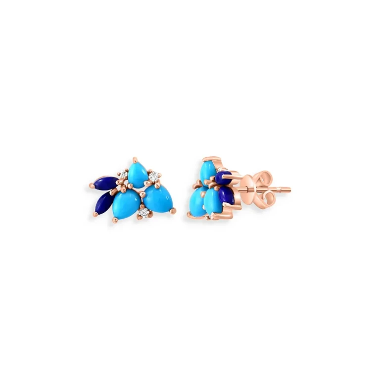 Lapis, Turquoise & Diamond Cluster Stud Earrings in 14K Yellow Gold