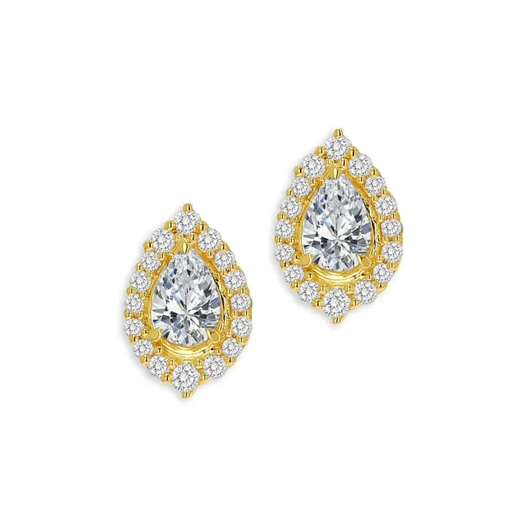 14K Yellow Gold White Topaz Pear Halo Stud Earrings