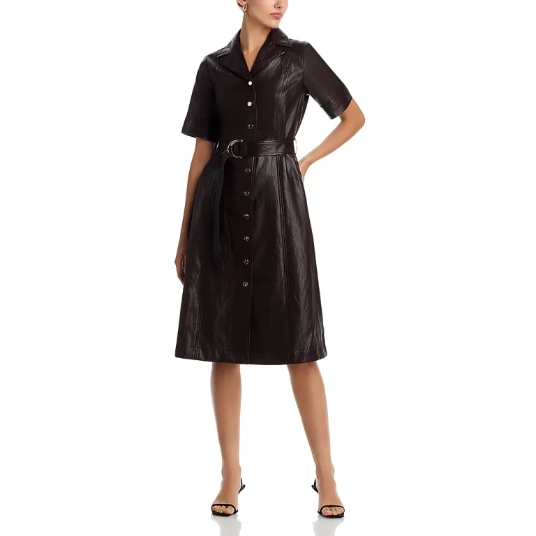 T Tahari Faux Leather Short Sleeve Button Down Fit & Flare Dress